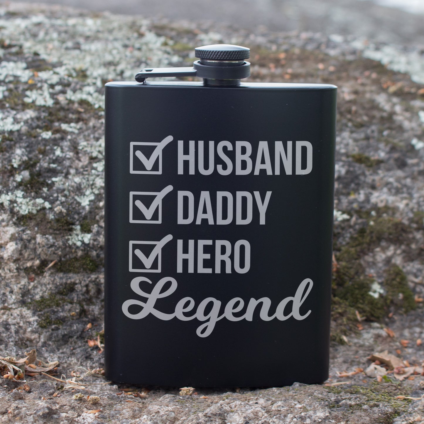 Husband Daddy Hero Legend Engraved 8 oz Black Matte Flask - Epic Gift for Him, Dad, or Father’s Day, Birthday Gift, Laser Engraving Gifts