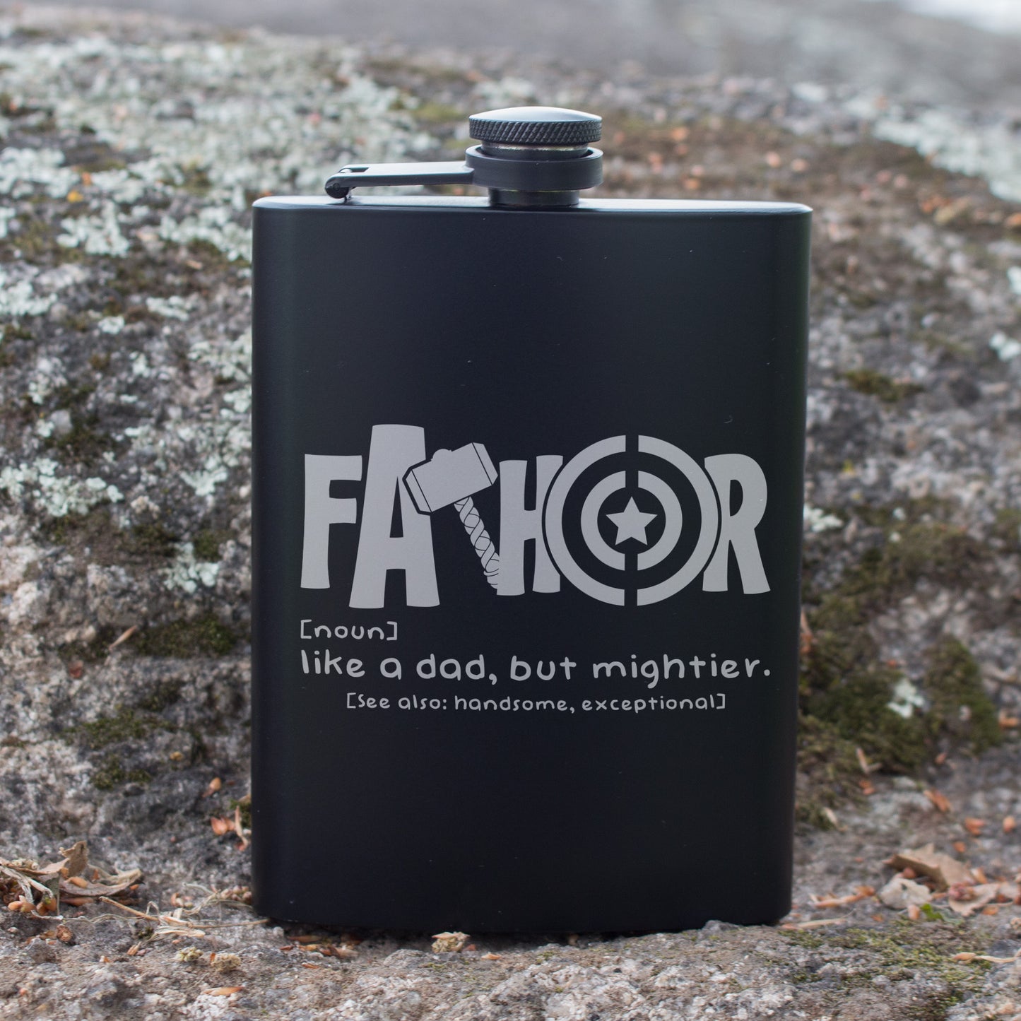 FATHOR Like a Dad But Mightier Engraved 8 oz Black Matte Flask - Epic Gift for Dad, Father’s Day, Birthday Gift, Laser Engraving Gifts
