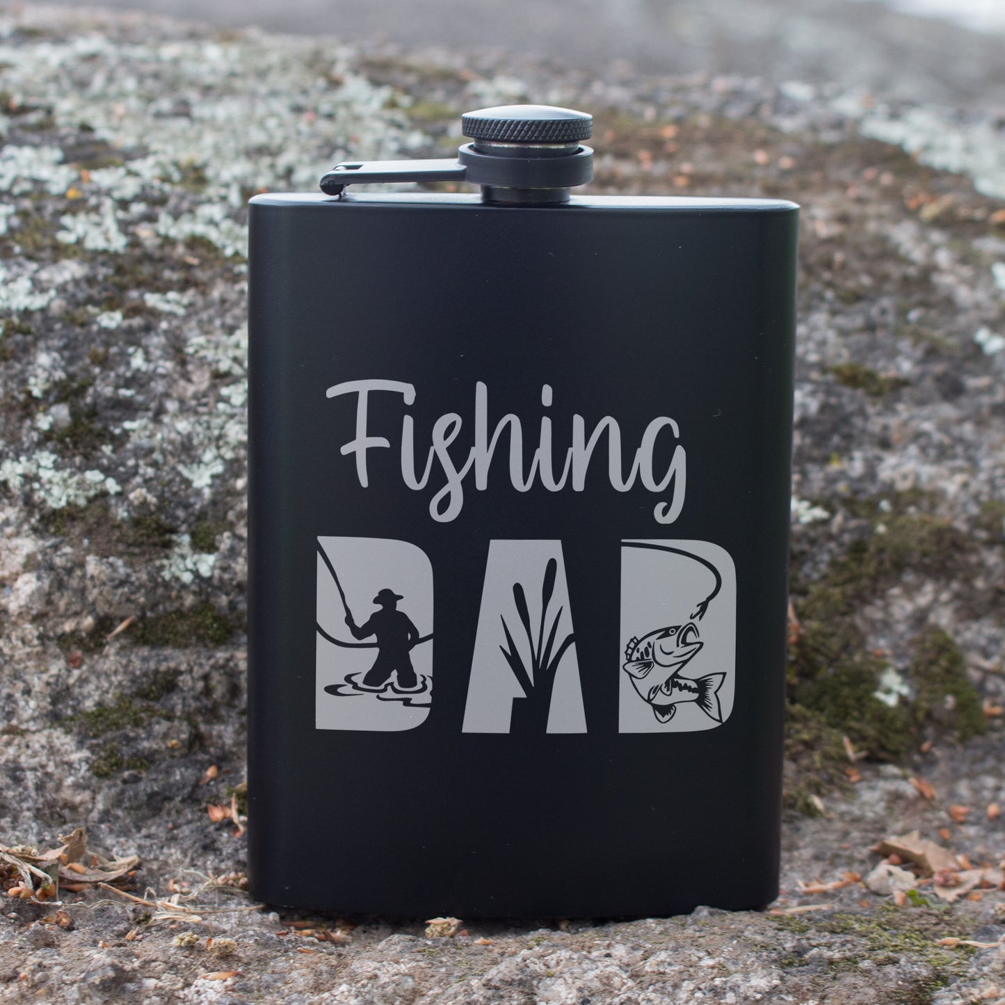 Fishing Dad Engraved 8 oz Black Matte Flask - Perfect Gift for Dad, Angler, or Father’s Day, Birthday Gift, Laser Engraving Gifts