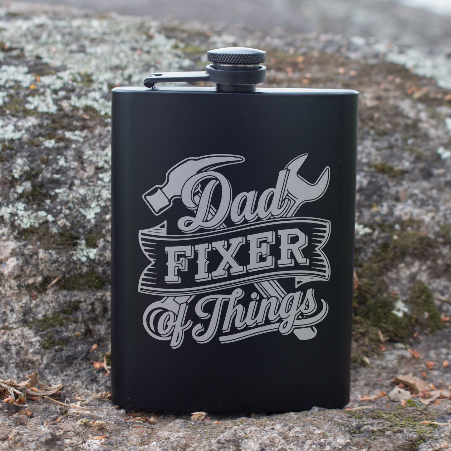 Dad Fixer of Things Engraved 8 oz Black Matte Flask - Great Gift for Dad, Handyman, Father’s Day, Birthday Gift, Laser Engraving Gifts
