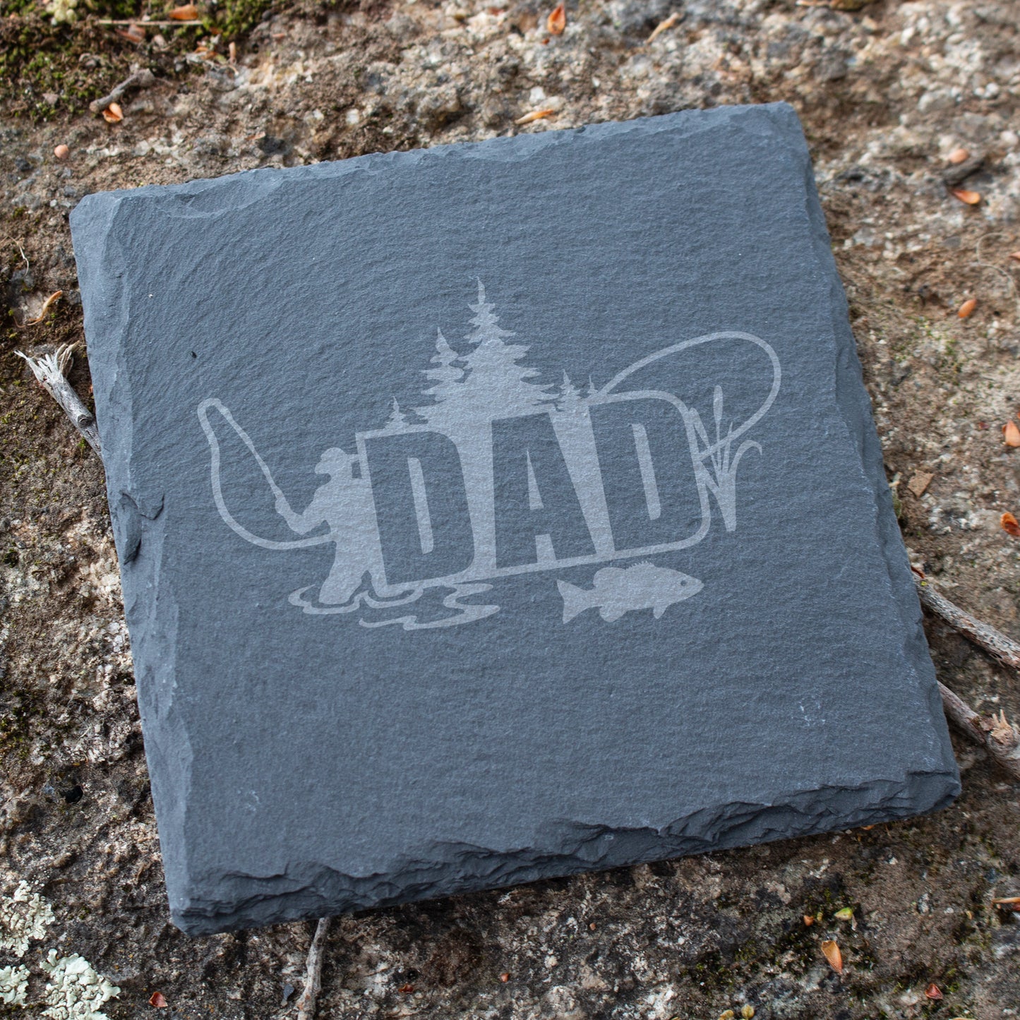Dad Fishing Coaster. Engraved Slate Coaster for Fishermen. Rustic Rock Coaster. Fishing Gift for Dad. Father's Day Fishing Gift.
