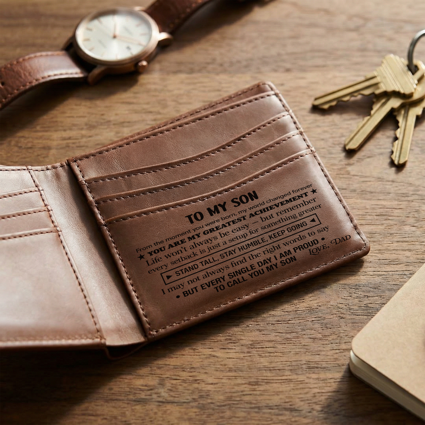 To My Son Wallet | Engraved Leather Bifold Wallet Gift for Son from Dad or Mom | RFID Blocking | Graduation, Birthday & Christmas Gift