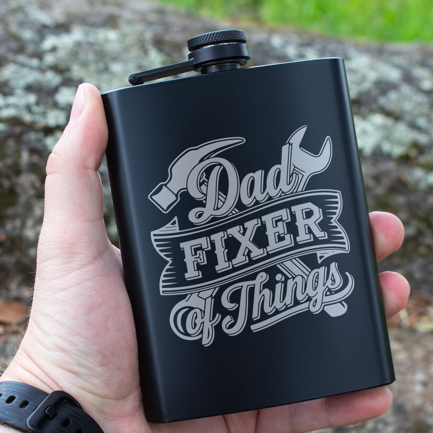 Dad Fixer of Things Engraved 8 oz Black Matte Flask - Great Gift for Dad, Handyman, Father’s Day, Birthday Gift, Laser Engraving Gifts