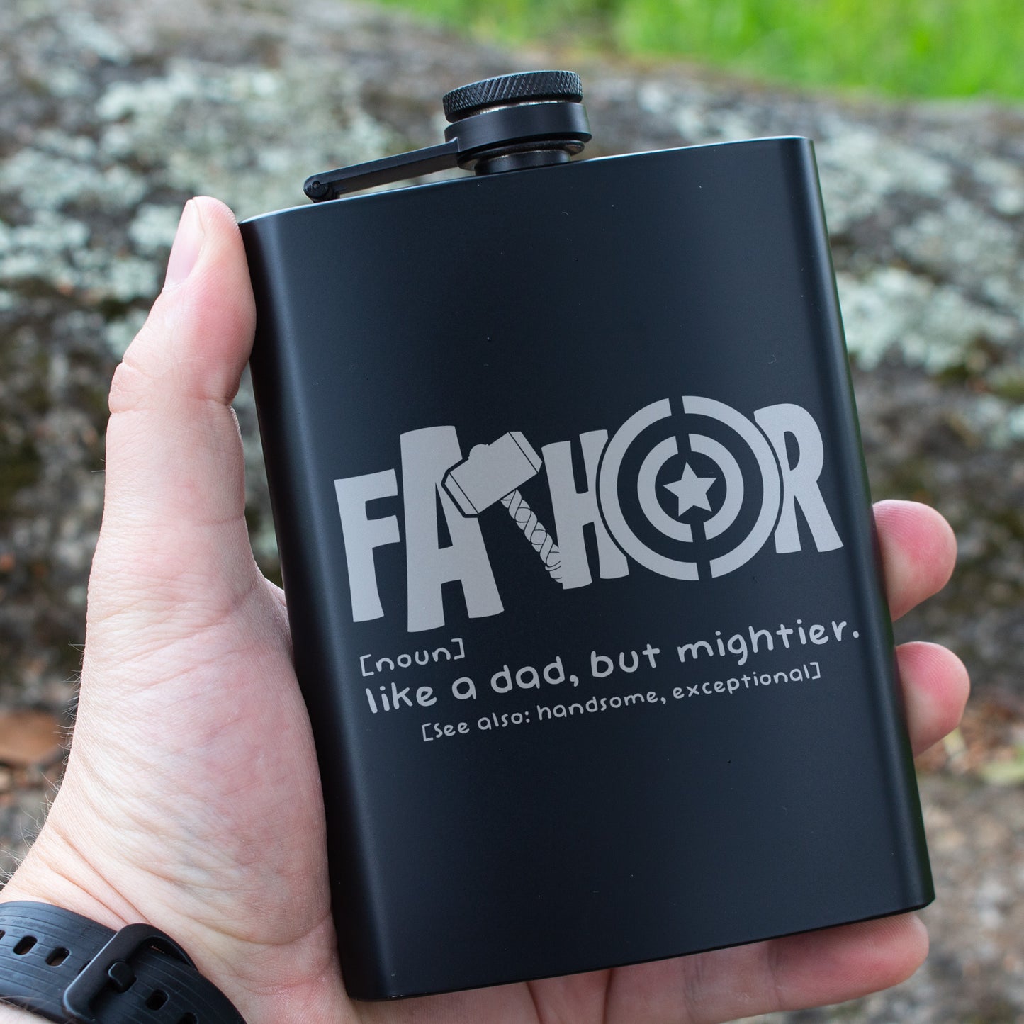 FATHOR Like a Dad But Mightier Engraved 8 oz Black Matte Flask - Epic Gift for Dad, Father’s Day, Birthday Gift, Laser Engraving Gifts