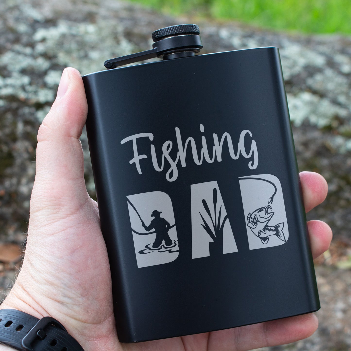 Fishing Dad Engraved 8 oz Black Matte Flask - Perfect Gift for Dad, Angler, or Father’s Day, Birthday Gift, Laser Engraving Gifts