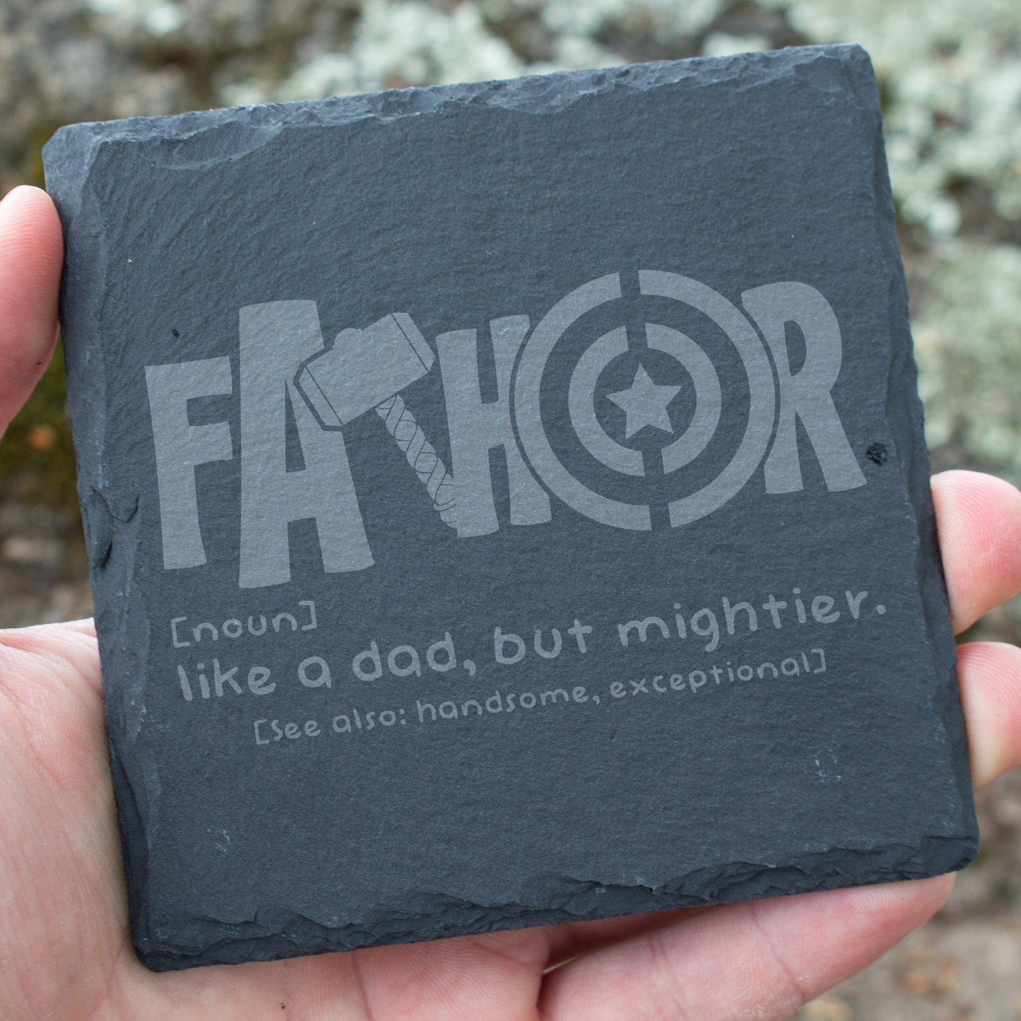 FaTHOR Like A Dad, But Mightier Coaster. Engraved Slate Coaster. Funny Dad Gift. Rustic Rock Coaster. Father's Day Gift