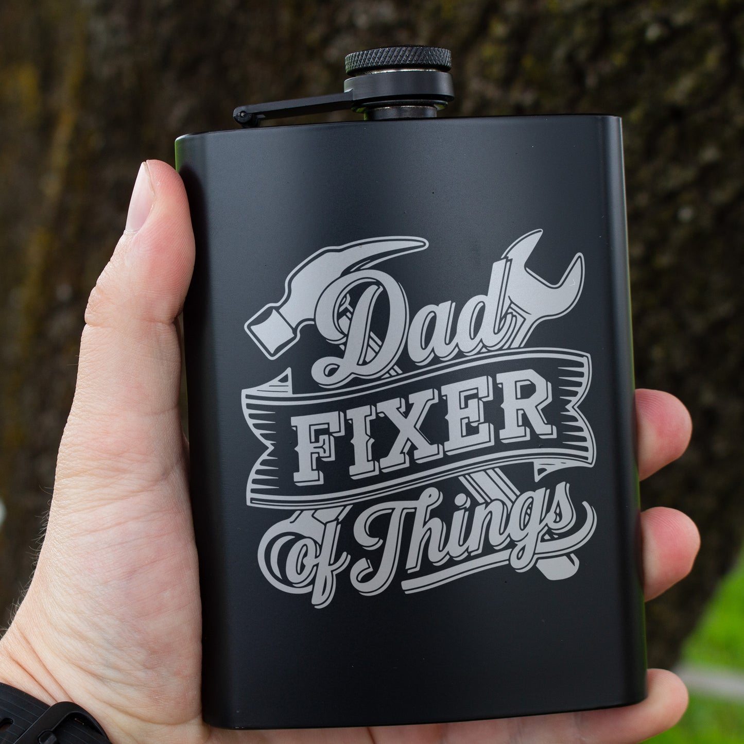 Dad Fixer of Things Engraved 8 oz Black Matte Flask - Great Gift for Dad, Handyman, Father’s Day, Birthday Gift, Laser Engraving Gifts