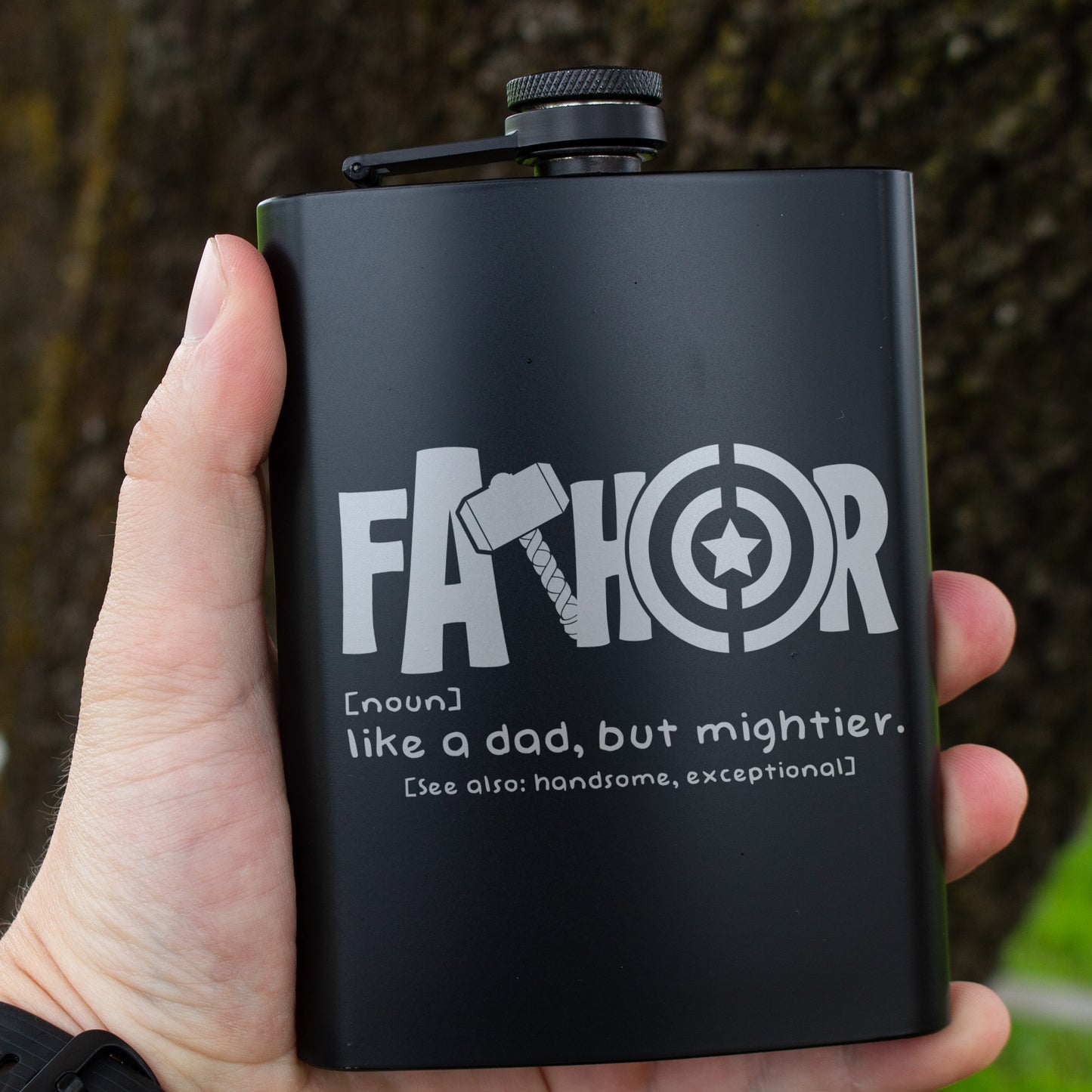 FATHOR Like a Dad But Mightier Engraved 8 oz Black Matte Flask - Epic Gift for Dad, Father’s Day, Birthday Gift, Laser Engraving Gifts