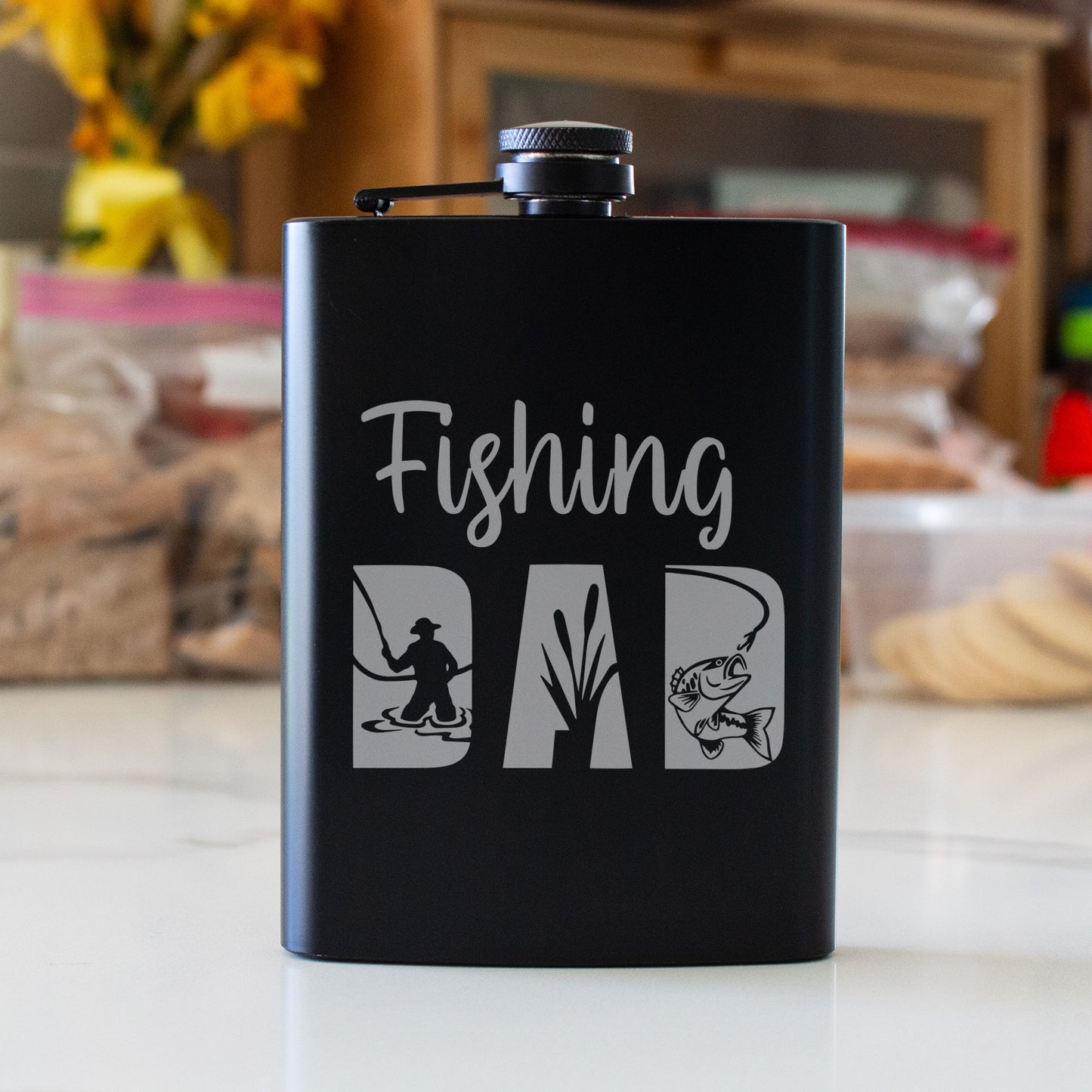 Fishing Dad Engraved 8 oz Black Matte Flask - Perfect Gift for Dad, Angler, or Father’s Day, Birthday Gift, Laser Engraving Gifts