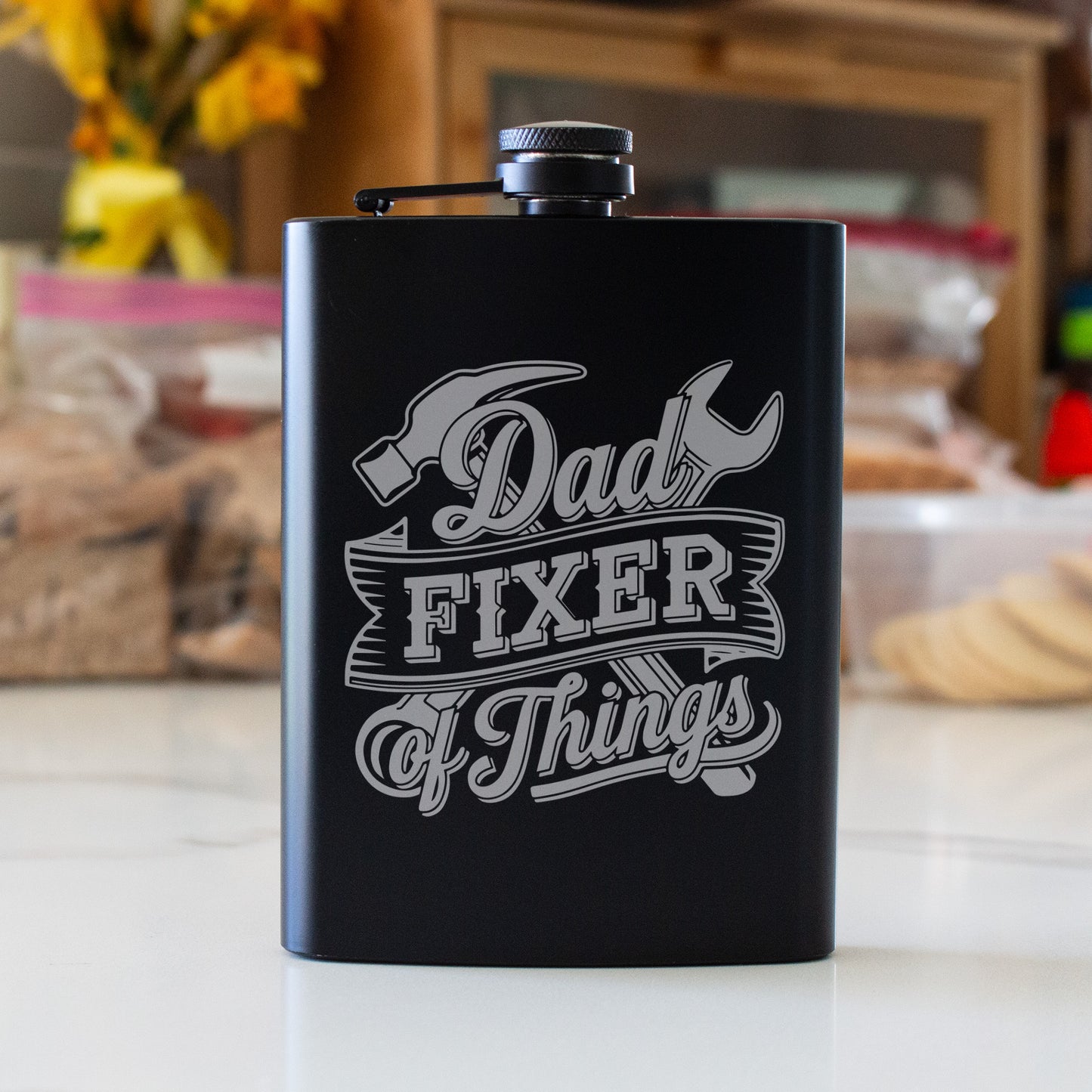 Dad Fixer of Things Engraved 8 oz Black Matte Flask - Great Gift for Dad, Handyman, Father’s Day, Birthday Gift, Laser Engraving Gifts