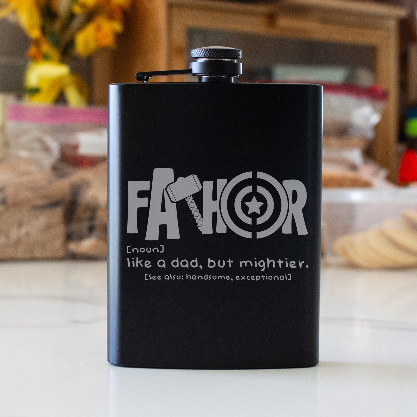 FATHOR Like a Dad But Mightier Engraved 8 oz Black Matte Flask - Epic Gift for Dad, Father’s Day, Birthday Gift, Laser Engraving Gifts