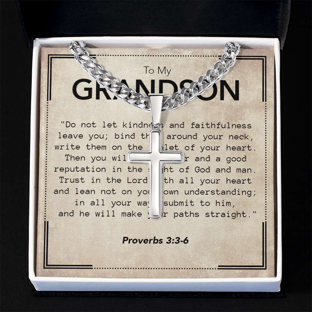 To My Grandson Cuban Link Chain with Artisan Cross Necklace & Proverbs Message Card