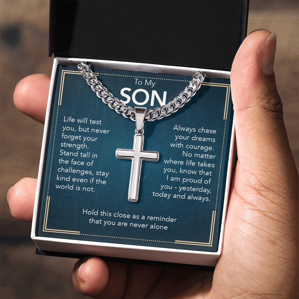 To My Son - Cuban Link Chain with Artisan Cross + Heartfelt Message Card