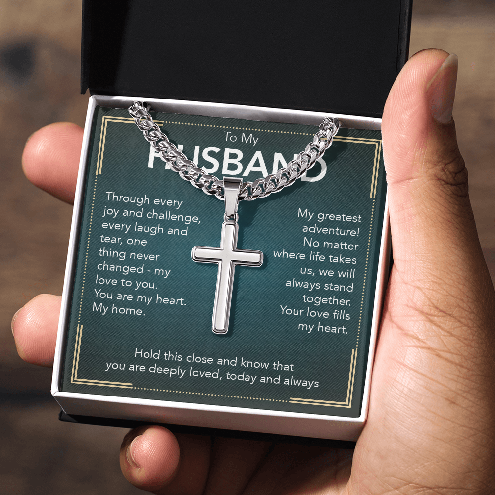 To My Husband - Cuban Link Chain with Artisan Cross + Heartfelt Message Card
