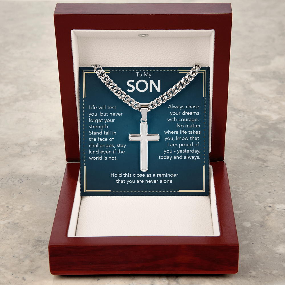 To My Son - Cuban Link Chain with Artisan Cross + Heartfelt Message Card