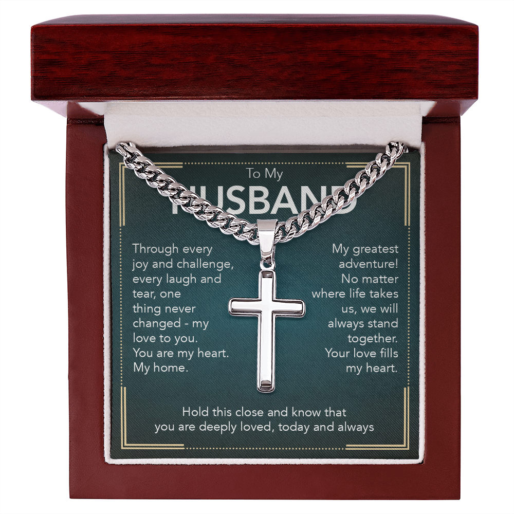 To My Husband - Cuban Link Chain with Artisan Cross + Heartfelt Message Card