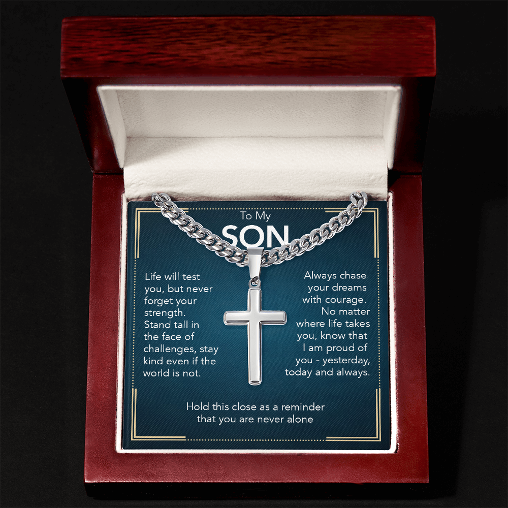 To My Son - Cuban Link Chain with Artisan Cross + Heartfelt Message Card