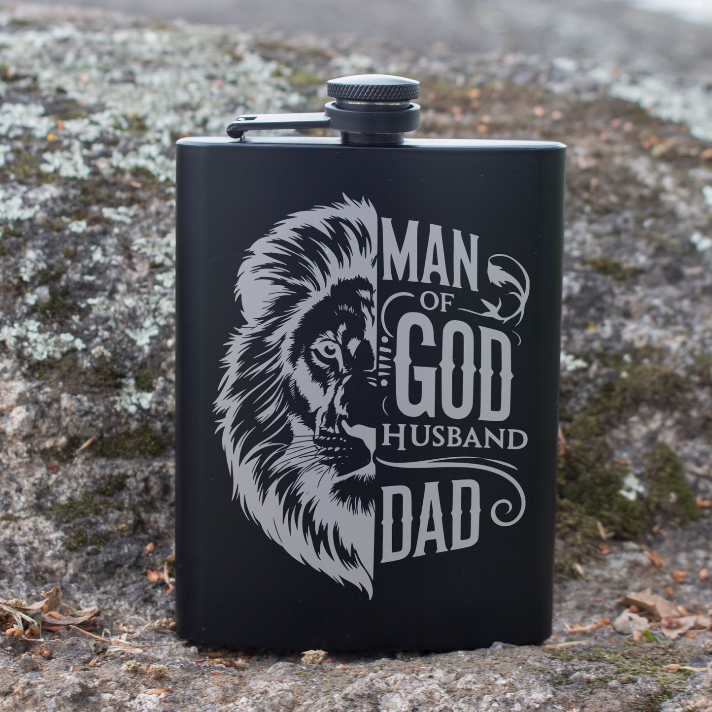 Man Of God Husband Dad Engraved 8 oz Black Matte Flask - Faithful Gift for Him, Father, or Husband, Birthday Gift, Laser Engraving Gifts