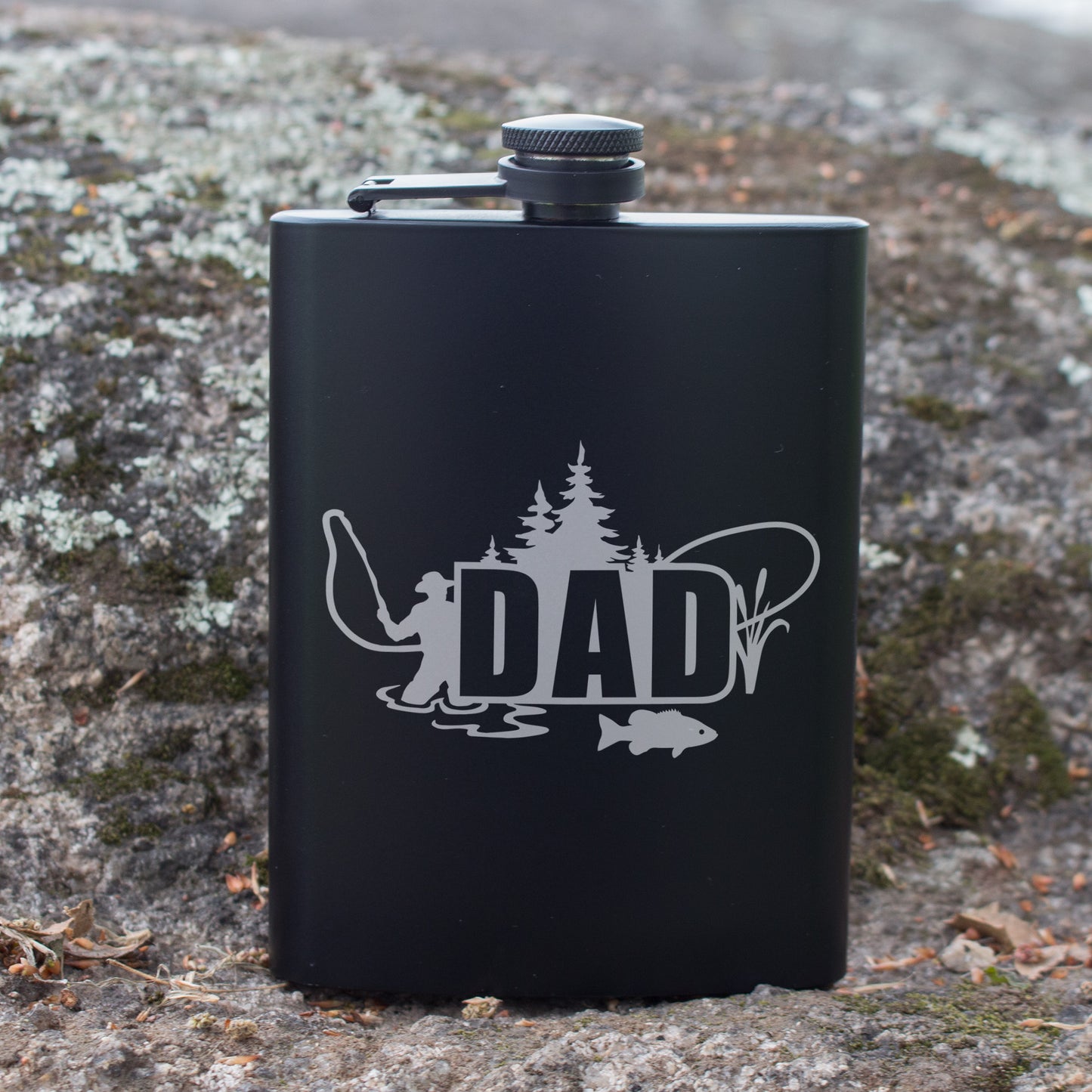 Gift Flask For Dad Fishing Lover Engraved 8 oz Black Matte Flask - Perfect Gift for Father’s Day, Dad, Birthday Gift, Laser Engraving Gifts