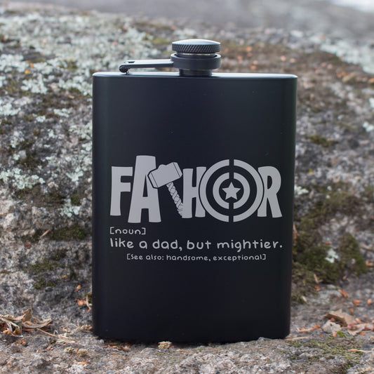 FATHOR Like a Dad But Mightier Engraved 8 oz Black Matte Flask - Epic Gift for Dad, Father’s Day, Birthday Gift, Laser Engraving Gifts