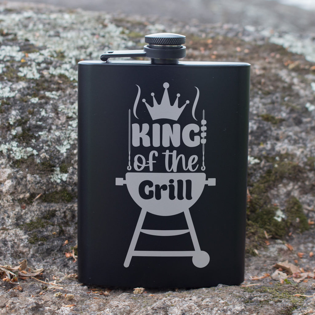 King of the Grill Engraved 8 oz Black Matte Flask - Perfect Gift for Dad, BBQ Master, or Father’s Day, Birthday Gift, Laser Engraving Gifts