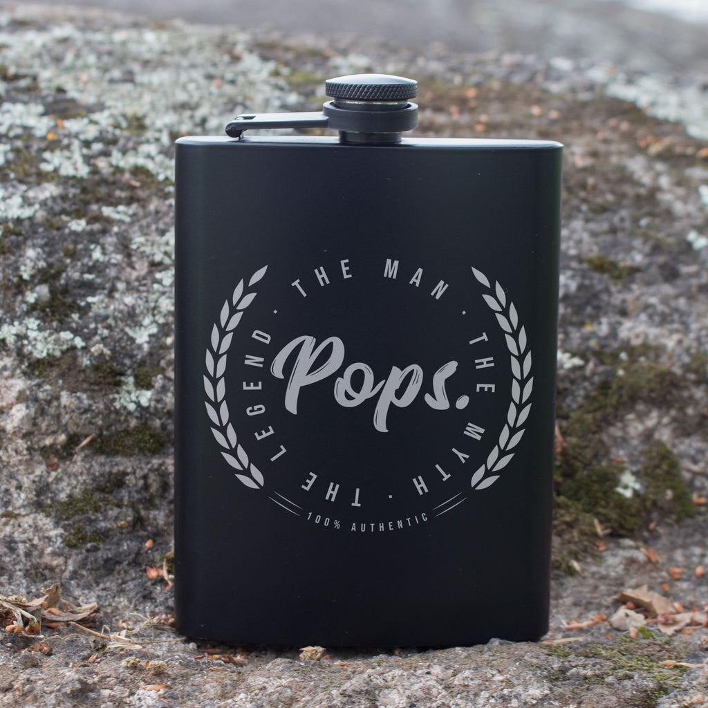 Pops The Man The Myth The Legend Engraved 8 oz Black Matte Flask - Gift for Grandpa, Dad, Father’s Day, Birthday Gift, Laser Engraving Gifts