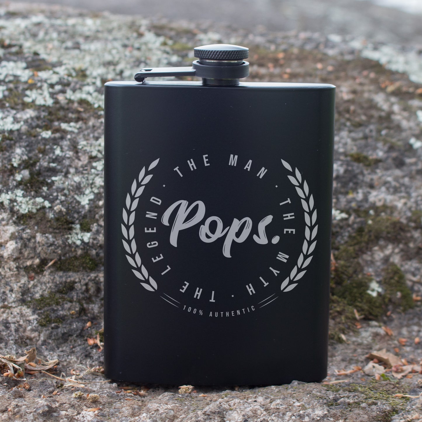 Pops The Man The Myth The Legend Engraved 8 oz Black Matte Flask - Gift for Grandpa, Dad, Father’s Day, Birthday Gift, Laser Engraving Gifts