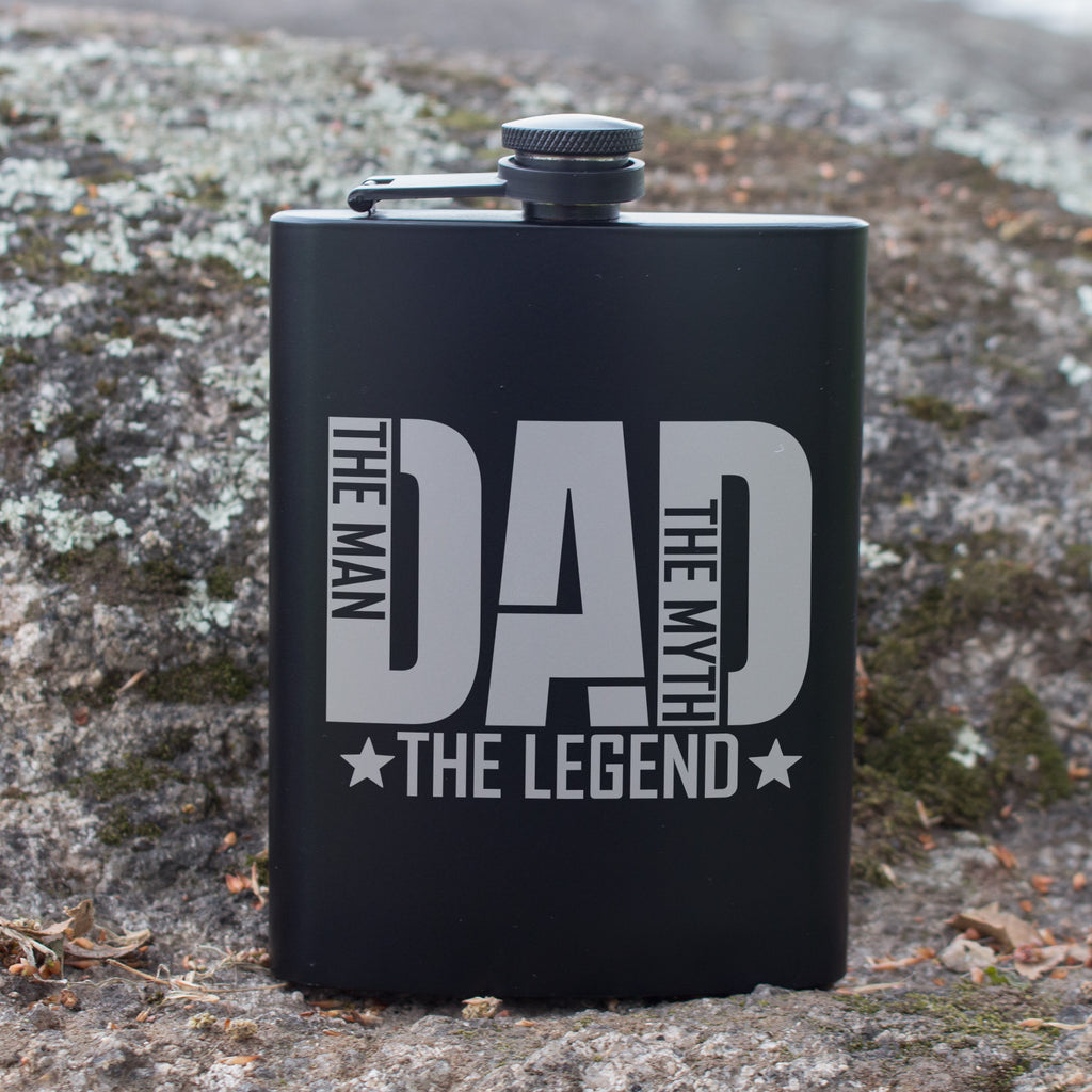 Dad The Man The Myth The Legend Engraved 8 oz Black Matte Flask - Gift for Father, Dad, Father’s Day, Birthday Gift, Laser Engraving Gifts