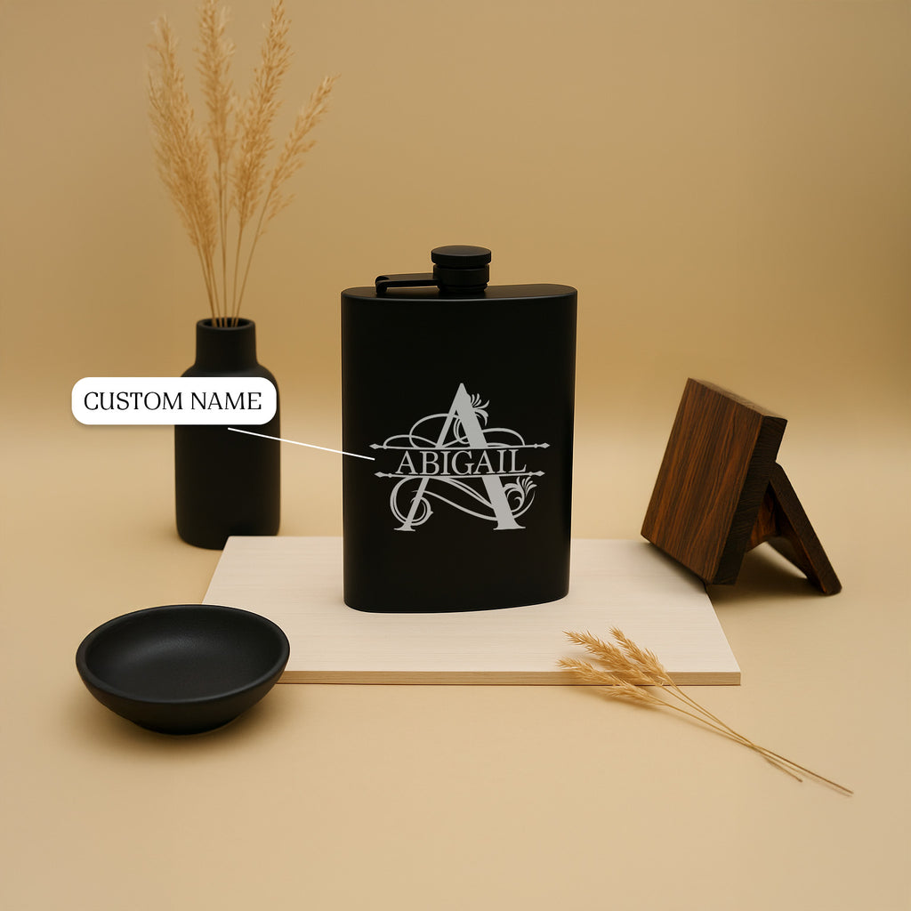 Custom Engraved Split Monogram with Name Personalized Black Matte Flask 8 oz Gift Wedding Gift, Birthday, Anniversary, Bridesmaid, Groomsman