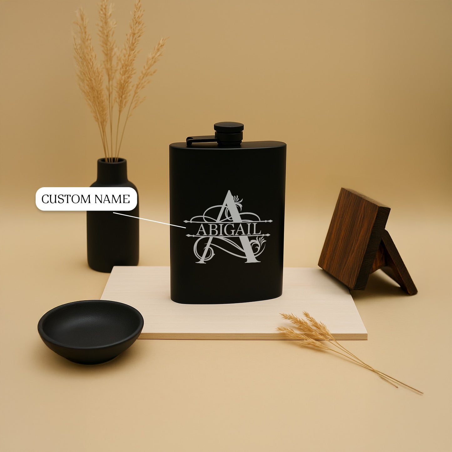 Custom Engraved Split Monogram with Name Personalized Black Matte Flask 8 oz Gift Wedding Gift, Birthday, Anniversary, Bridesmaid, Groomsman