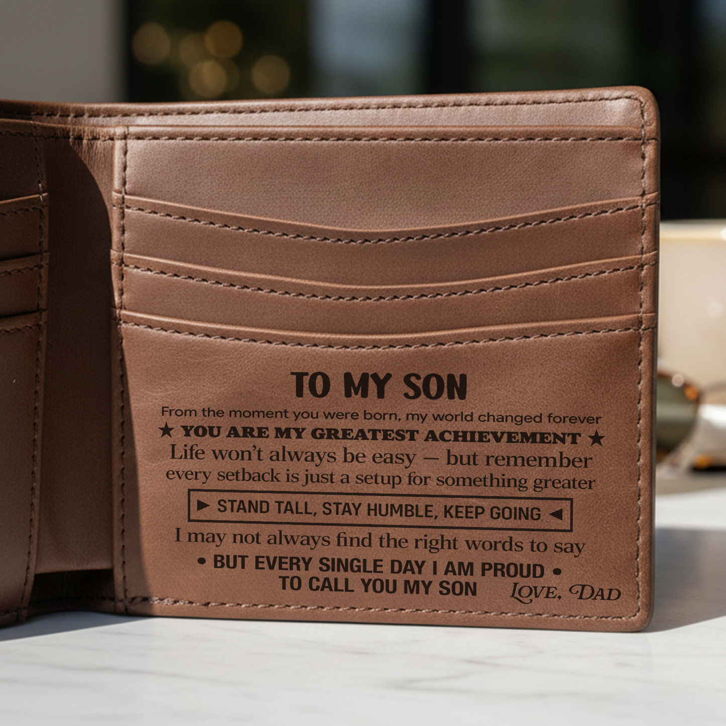 To My Son Wallet | Engraved Leather Bifold Wallet Gift for Son from Dad or Mom | RFID Blocking | Graduation, Birthday & Christmas Gift