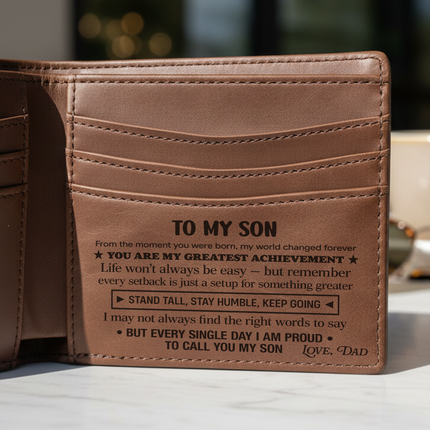 To My Son Wallet | Engraved Leather Bifold Wallet Gift for Son from Dad or Mom | RFID Blocking | Graduation, Birthday & Christmas Gift