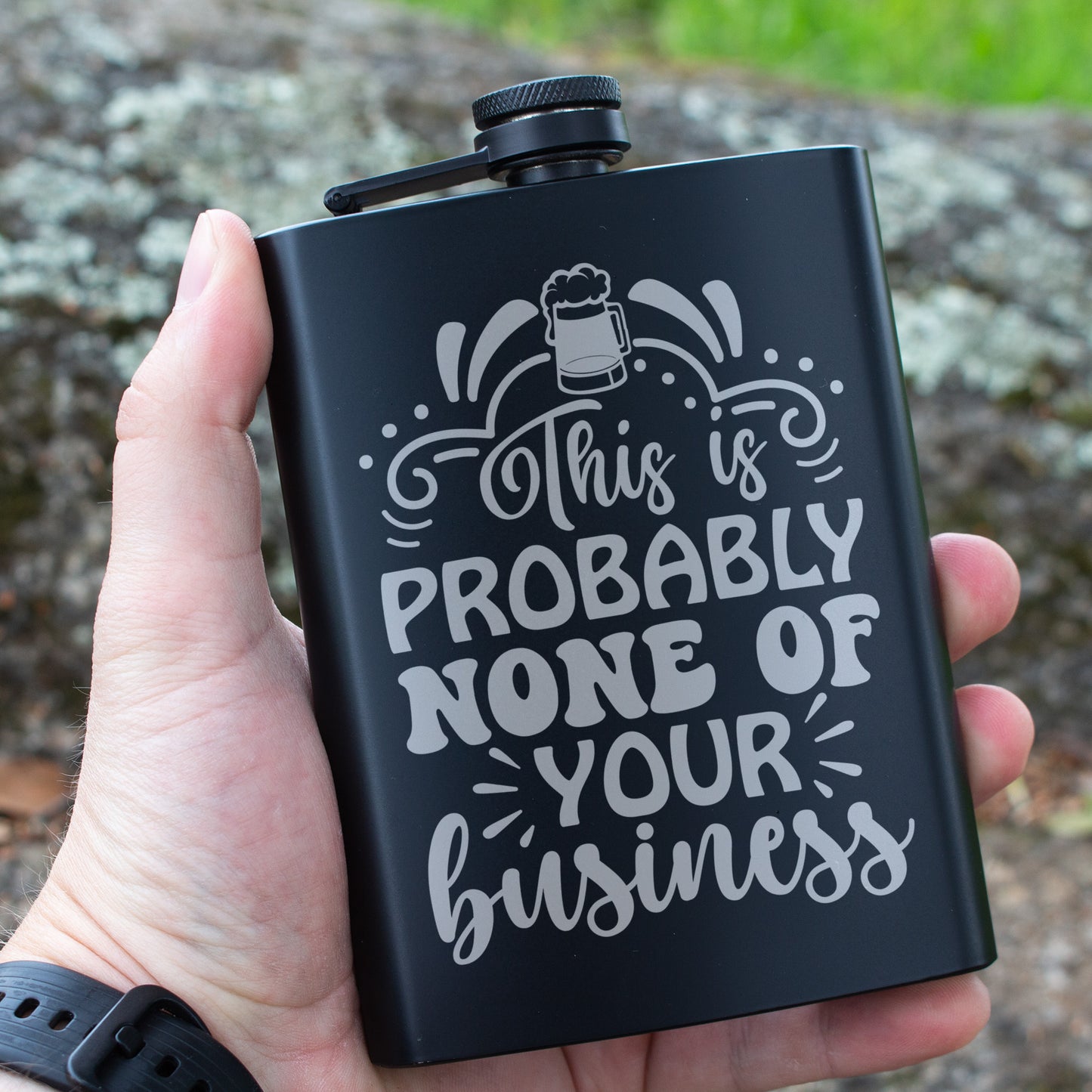 Probably None of Your Business Engraved 8 oz Black Matte Flask - Gift for Dad, Coworker, or Friend