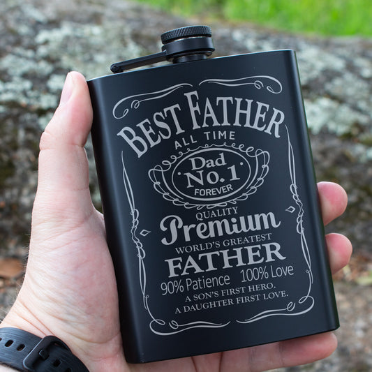 Best Father All Time Engraved 8 oz Black Matte Flask - Ultimate Gift for Dad, Father’s Day, Birthday Gift Flask, Laser Engraving Gifts