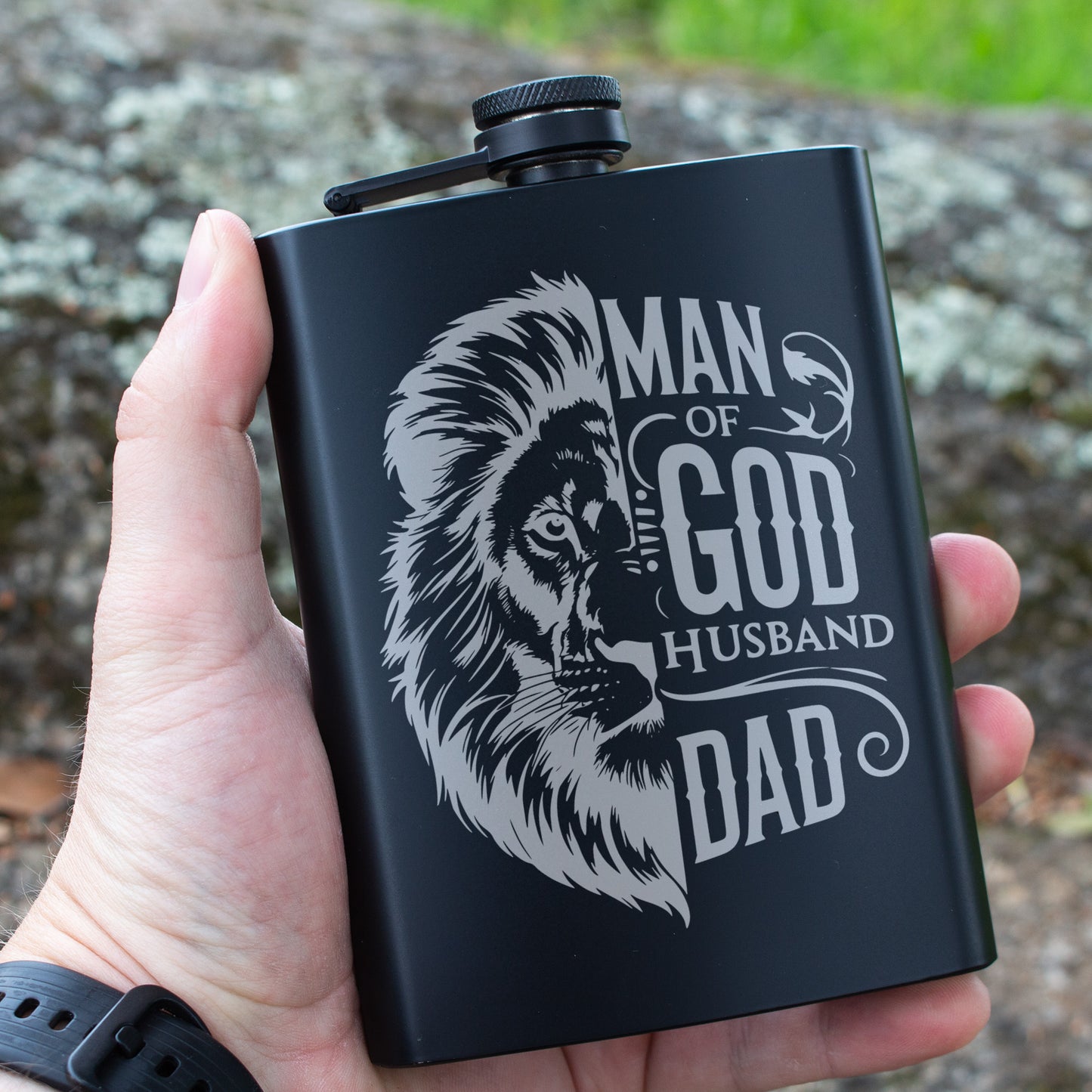 Man Of God Husband Dad Engraved 8 oz Black Matte Flask - Faithful Gift for Him, Father, or Husband, Birthday Gift, Laser Engraving Gifts