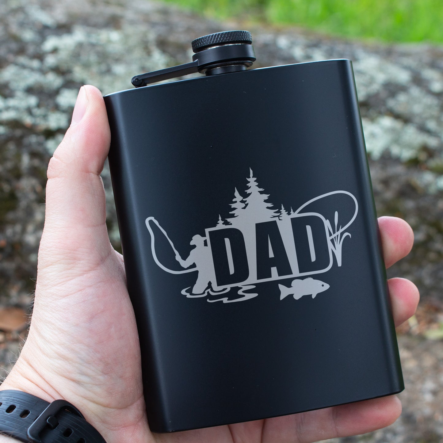 Gift Flask For Dad Fishing Lover Engraved 8 oz Black Matte Flask - Perfect Gift for Father’s Day, Dad, Birthday Gift, Laser Engraving Gifts