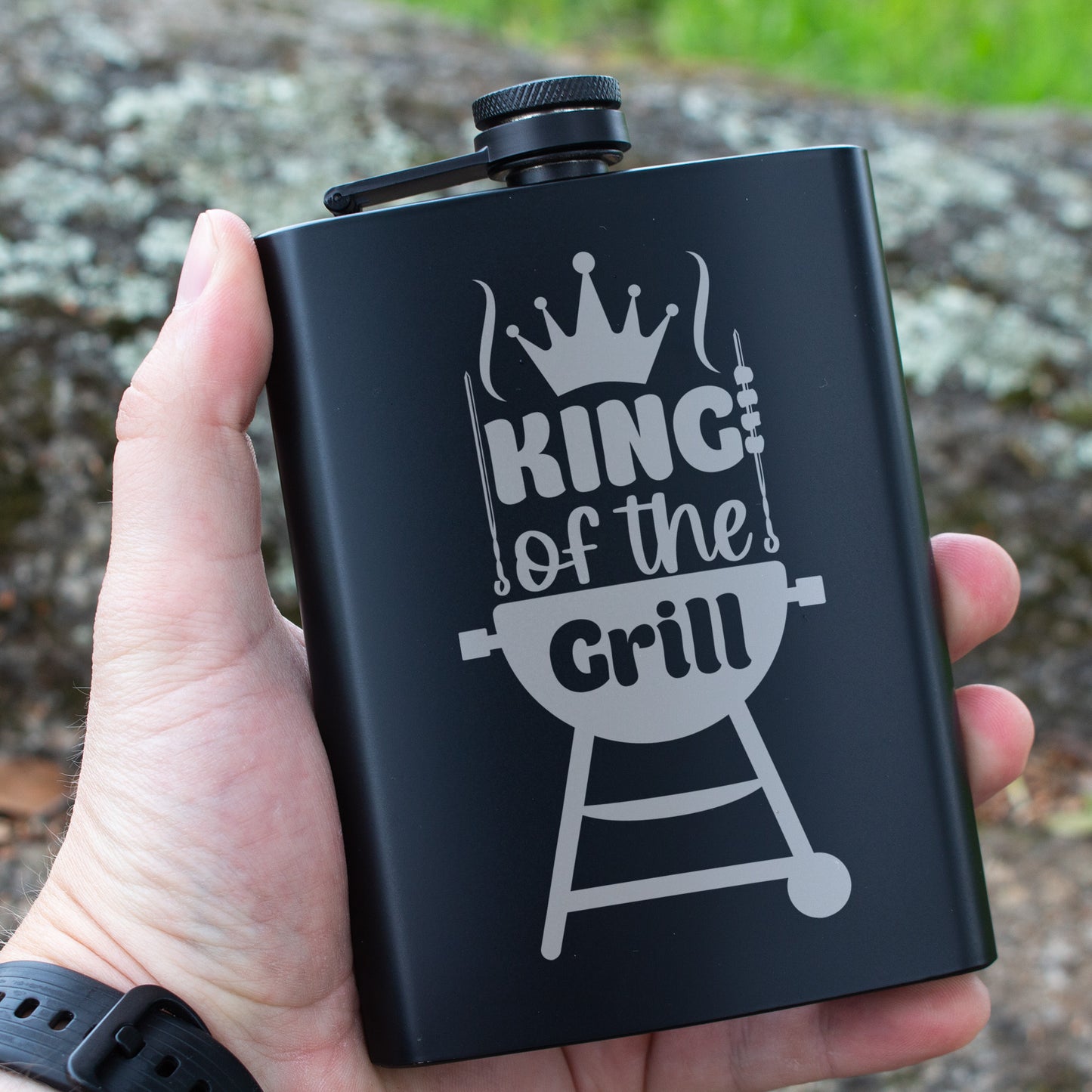 King of the Grill Engraved 8 oz Black Matte Flask - Perfect Gift for Dad, BBQ Master, or Father’s Day, Birthday Gift, Laser Engraving Gifts