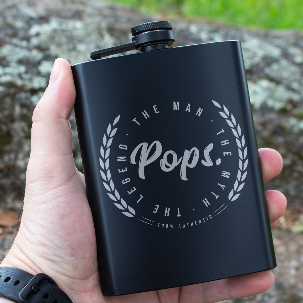 Pops The Man The Myth The Legend Engraved 8 oz Black Matte Flask - Gift for Grandpa, Dad, Father’s Day, Birthday Gift, Laser Engraving Gifts