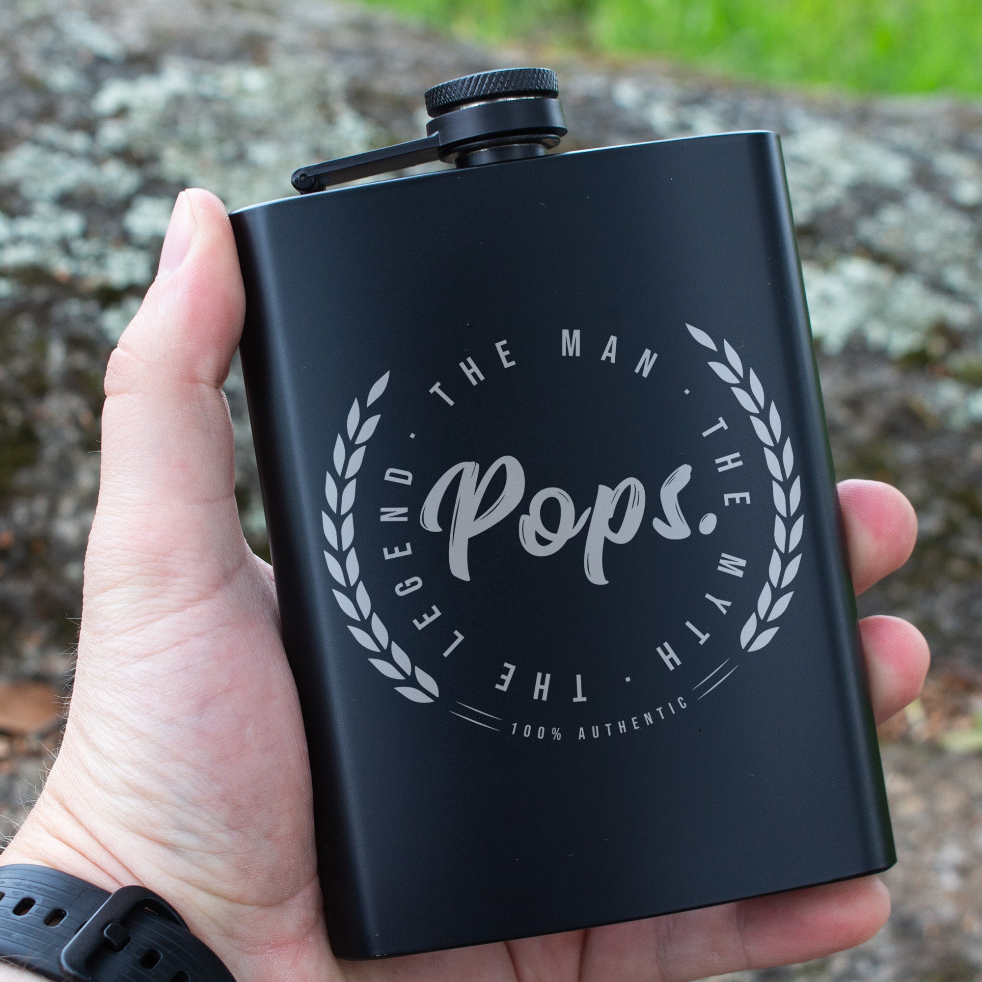 Pops The Man The Myth The Legend Engraved 8 oz Black Matte Flask - Gift for Grandpa, Dad, Father’s Day, Birthday Gift, Laser Engraving Gifts