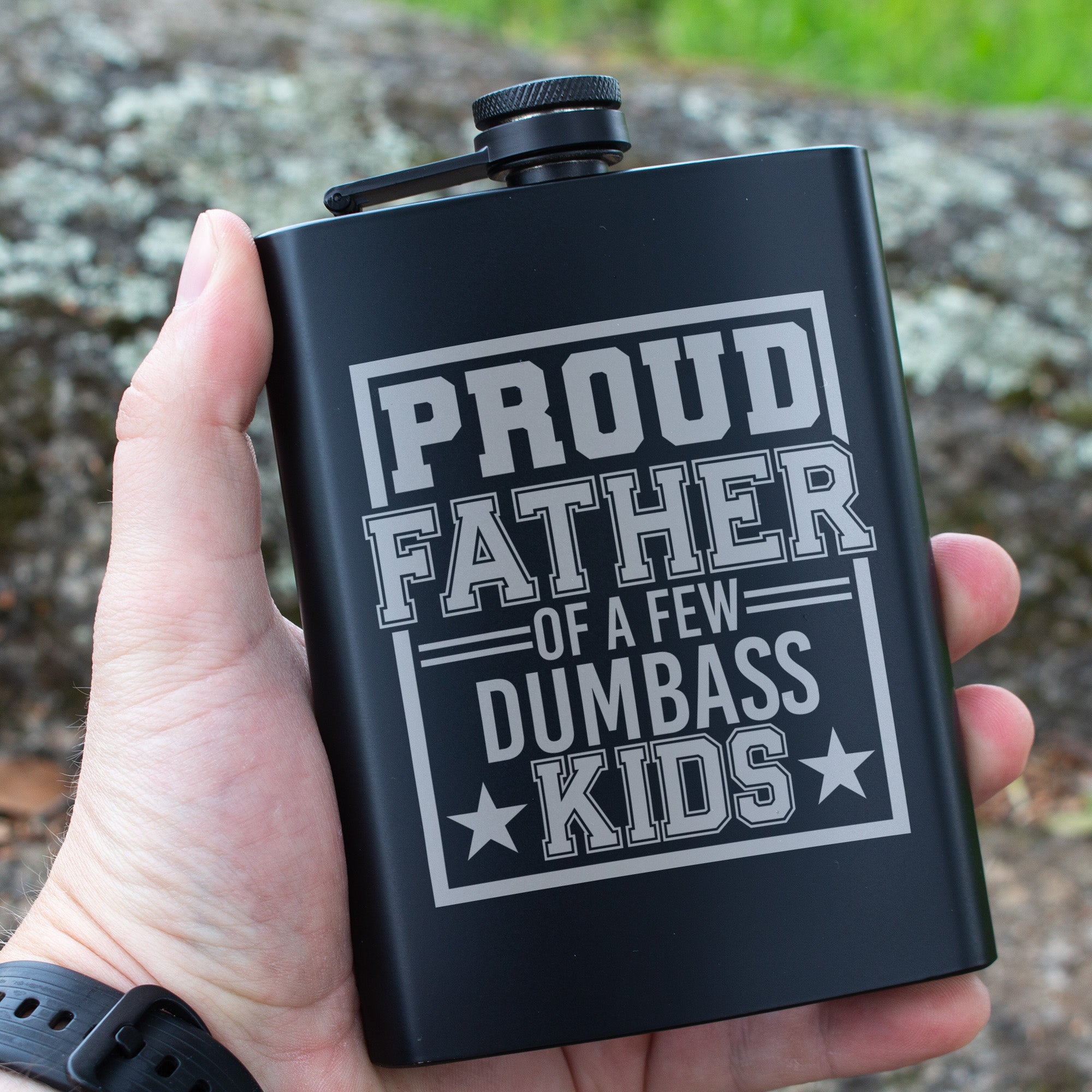 Proud Father of a Few Dumbass Kids Engraved 8 oz Black Matte Flask - Funny Gift for Dad, Father’s Day, Birthday Gift, Laser Engraving Gifts