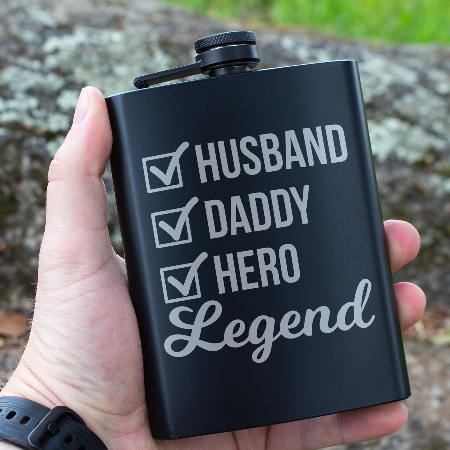 Husband Daddy Hero Legend Engraved 8 oz Black Matte Flask - Epic Gift for Him, Dad, or Father’s Day, Birthday Gift, Laser Engraving Gifts