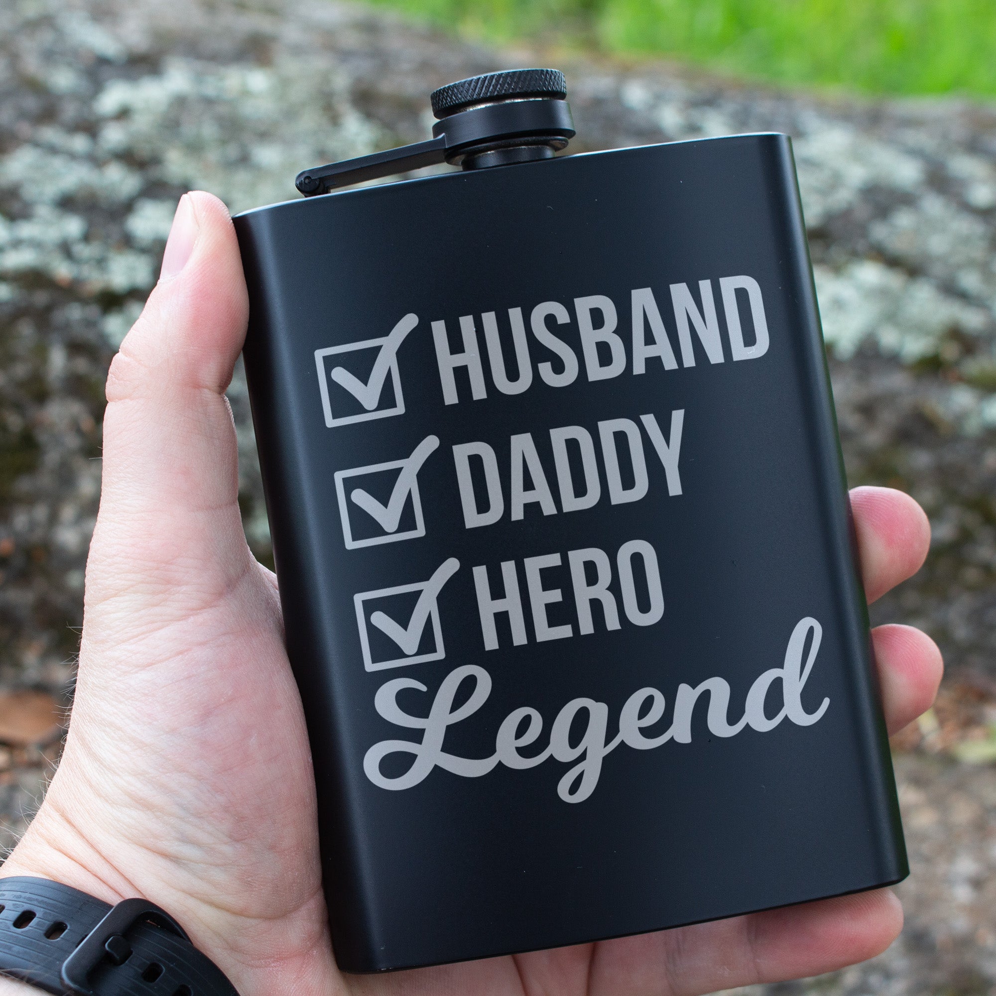 Husband Daddy Hero Legend Engraved 8 oz Black Matte Flask - Epic Gift for Him, Dad, or Father’s Day, Birthday Gift, Laser Engraving Gifts