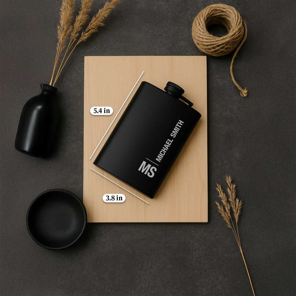 Custom Engraved Flask 8 oz Black Matte, Initials And Name Or Phrase, Gift for Colleague, Friend, Boyfriend, Dad