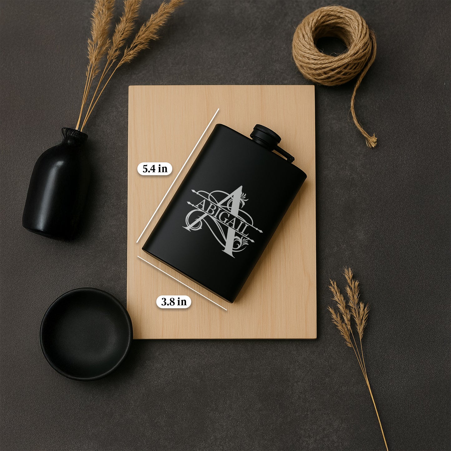Custom Engraved Split Monogram with Name Personalized Black Matte Flask 8 oz Gift Wedding Gift, Birthday, Anniversary, Bridesmaid, Groomsman