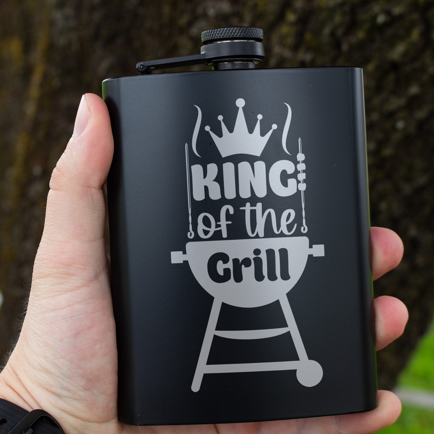 King of the Grill Engraved 8 oz Black Matte Flask - Perfect Gift for Dad, BBQ Master, or Father’s Day, Birthday Gift, Laser Engraving Gifts