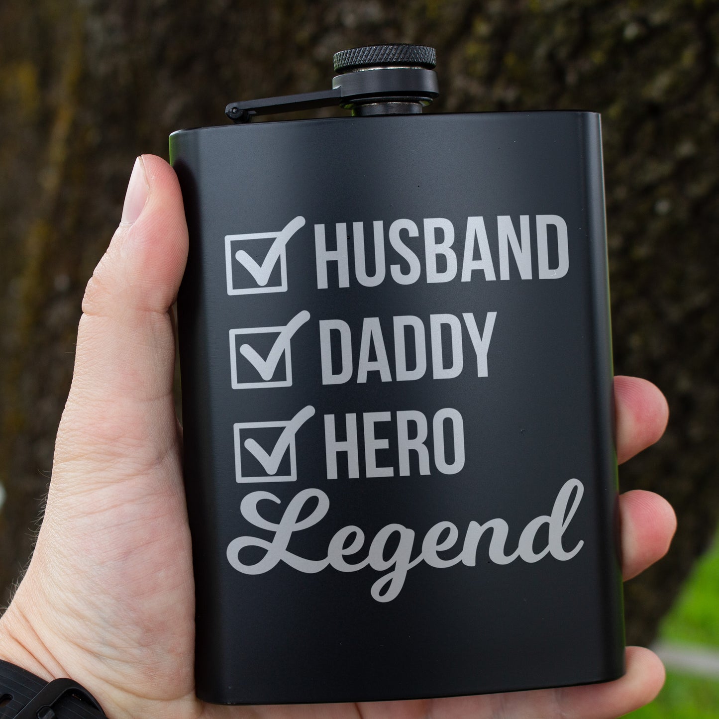 Husband Daddy Hero Legend Engraved 8 oz Black Matte Flask - Epic Gift for Him, Dad, or Father’s Day, Birthday Gift, Laser Engraving Gifts