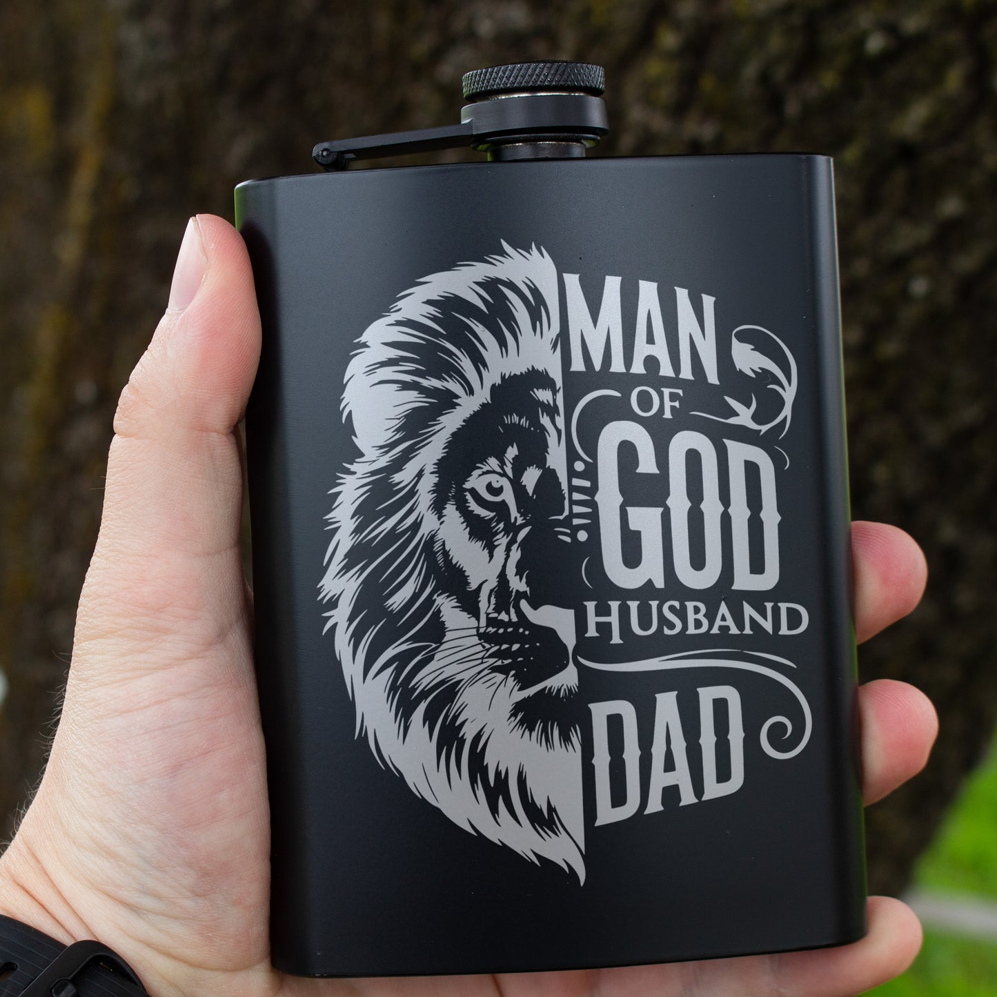 Man Of God Husband Dad Engraved 8 oz Black Matte Flask - Faithful Gift for Him, Father, or Husband, Birthday Gift, Laser Engraving Gifts