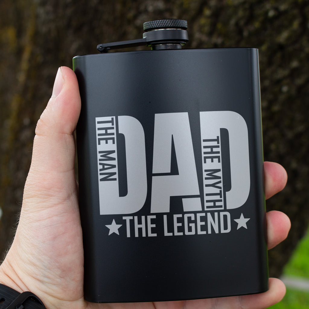 Dad The Man The Myth The Legend Engraved 8 oz Black Matte Flask - Gift for Father, Dad, Father’s Day, Birthday Gift, Laser Engraving Gifts