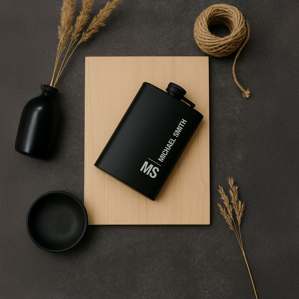 Custom Engraved Flask 8 oz Black Matte, Initials And Name Or Phrase, Gift for Colleague, Friend, Boyfriend, Dad