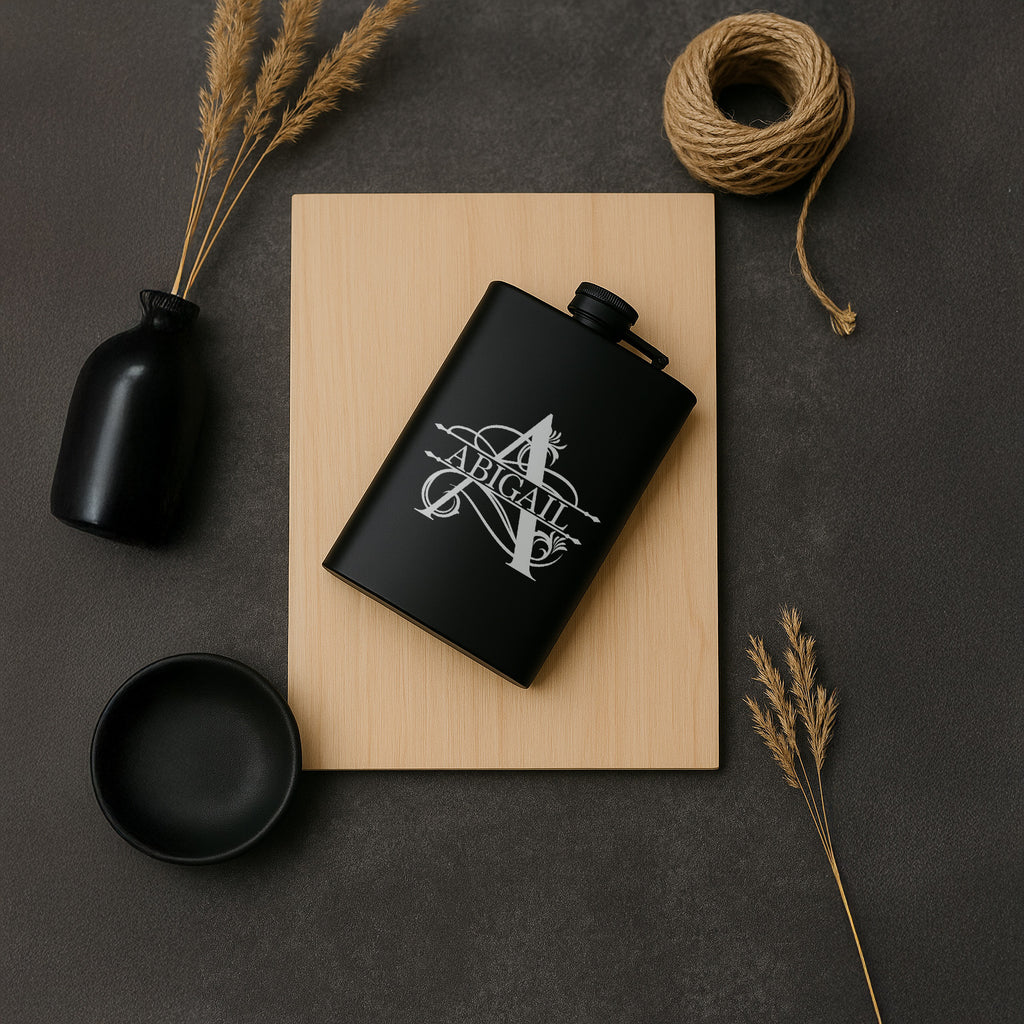 Custom Engraved Split Monogram with Name Personalized Black Matte Flask 8 oz Gift Wedding Gift, Birthday, Anniversary, Bridesmaid, Groomsman